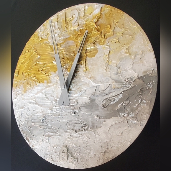 15" Circular Hand-Painted Wall Clock, Gold, Silver, Gray, minimalist style - Picture 4 of 6